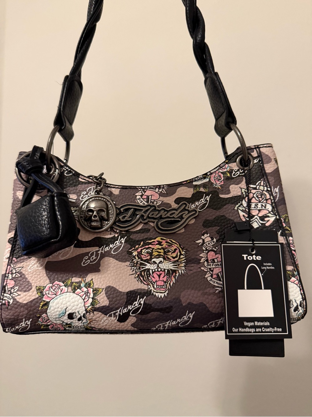 Ed Hardy Camo Tote with Pink & Cream Floral and Tiger Artwork